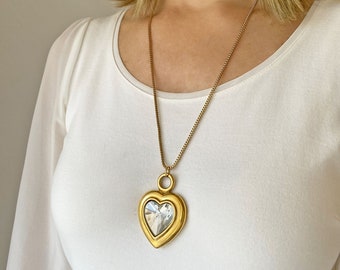Gold and Crystal Heart Pendant • Huge Gold Tone Heart with Faceted Clear Heart Cabochon on Gold Tone Box Chain, Gold Heart Necklace, N220402