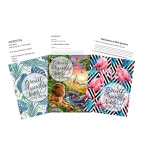 May include: Three different covers for a Circuit Assembly Notes booklet. The covers feature a jungle scene with a lion and a cub, a sunset scene with a giraffe and a zebra, and a black and white pattern with pink flamingos.