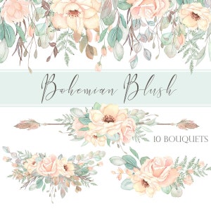 Blush Watercolor Floral Clipart, Watercolor Flowers, Pink Roses clipart, White Wedding Florals Png, Boho Clipart, Soft Pink Peonies