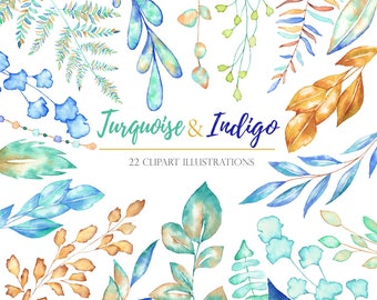 turquoise gold clipart, watercolor leaves, tifanny blue, navy leaves, wedding invitation, diy clipart, foliage, gold and blue aquarel, gold