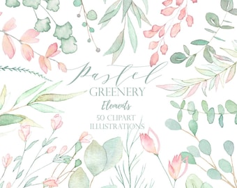 Eucalyptus Clipart, Greenery Watercolor, Blush Floral Clipart, Watercolor Leaves Clipart, Pastel Clipart, Green Leaves, soft blush, Mint