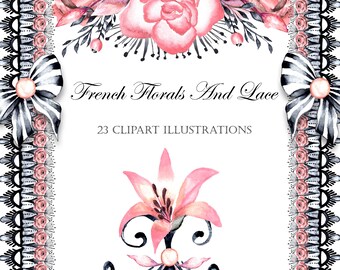 french clipart, watercolor clipart french, french drawing, watercolor wedding florals, bridal painting, romantic, pink black florals, pearls