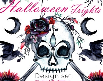 halloween clipart, halloween watercolor png, planner sticker haloween, skull halloween Clipart, happy Halloween, spider Png, raven