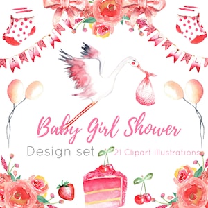 pink watercolor baby shower clipart, stork clipart, oh baby png, baby shower planner stickers, nursery drawings, balloon paintings, berry