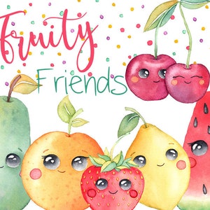 Watercolor Fruit Clipart, Kawaii Clipart, Cute Fruit Png, Funny Clipart, Baby Fruit, Instant Download, Hand Painted