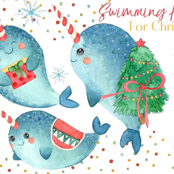 Christmas Animals Clipart, Arctic Animal Clipart, Watercolor Narwhal, Narwhal Graphics, Sea Life, PNG, Hand Painted, Instant Download, Kids
