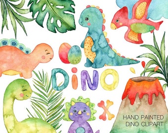 Watercolor Dinosaur Clipart, Baby Dinosaur Clip Art, Dinosaur Birthday Party, Boy Dinosaurs, Digital PNG Files, Graphics, Instant download