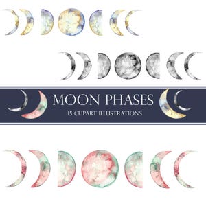 watercolor moon phases, bedroom art, full moon clipart, watercolor moon, logo clipart, boho illustrations, moon painting, planner stickers