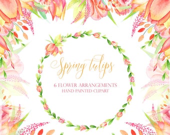 spring garden clipart, watercolor tulips, wedding invite, floral corner, spring flowers, yellow pink, tulip clipart, summer flower wreath