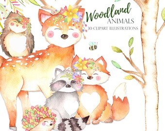 Wald Tiere Illustration, Wald Tiere, Babyshower Clipart, Reh, Fuchs, Waschbär, Eule, Kinderzimmer, Wald Tiere