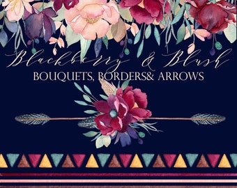 Burgundy Floral Clipart, Bohemian Clipart, Flowers Feathers, Wedding Florals, Floral Arrows, Blush Clipart, Marsala, Dark Red, Watercolor