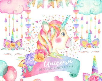 Watercolor Unicorn Face Clipart, Magical Unicorns, Babyshower Unicorn, Watercolor Png, Clouds, Rainbow, Pastel Horse, Kawaii Unicorn