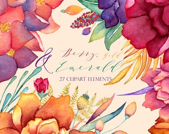 watercolor floral clipart, christmas clipart, burgundy flowers png, boho florals, fall clipart, purple, blush, gold florals, autumn, roses