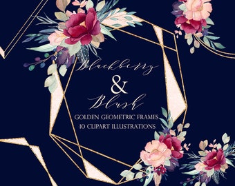 Burgundy Navy, Watercolor Clipart, boho florals, burgundy blush, Gold Glitter, Watercolor geometric wreath, Navy frames, Wedding
