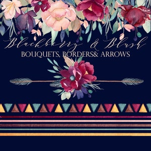 Burgundy Floral Clipart, Bohemian Clipart, Flowers Feathers, Wedding Florals, Floral Arrows, Blush Clipart, Marsala, Dark Red, Watercolor