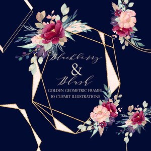 Burgundy Navy, Watercolor Clipart, boho florals, burgundy blush, Gold Glitter, Watercolor geometric wreath, Navy frames, Wedding