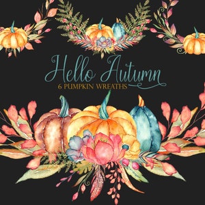watercolor pumpkin clipart, pumpkin png, floral pumpkins, pumpkin wreaths, fall clipart, autumn pumpkins, thanksgiving, harvest, orange, red