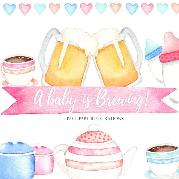 Un bébé prépare des cliparts, clipart babyshower, illustration aquarelle de bière, clipart théière, clipart café, invitation brassage bébé, bricolage