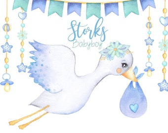 Watercolor Clipart, Babyshower Graphics, Its A Boy, Stork Clipart, Hand Painted, Digital Download, Pacifier Clipart, Boy Clipart, Blue