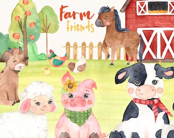 Farm Animals Watercolor Clipart Digital Download Printable Clip Art Nursery Art Wall Art Pig Cow Horse Chicken Sheep
