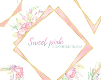 blush gold geometric frames, pink gold floral frames, invitation frames, wedding clipart, blush floral clipart, soft pink watercolor clipart