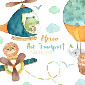 Safari Watercolor Clipart, Airplane Watercolor Clipart, Air Transport Clipart, Boy Clipart, Boy Toys, Kids Clipart, Nursery Decor