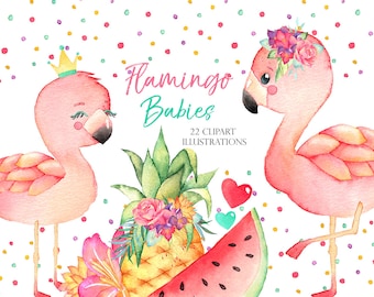 Flamingo Watercolor Clipart, Watercolor Animals Clipart, Tropical Png, Flamingo Baby, Instant Download, Pineapple Clipart, Beach Clipart