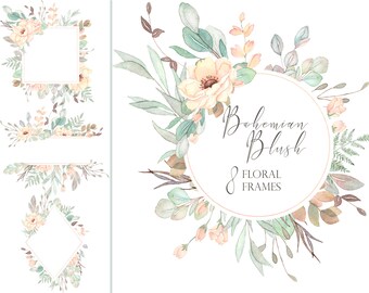 Watercolor Clipart, Geometric, Leaves, Wedding, Leaf, Eucalyptus Frames, Pre-made, Diy, invitation, Green, Soft Blush, Blush, Florals, Pink