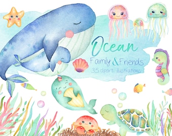 Sea Animals Png, Watercolor Clipart, Whale, Jellyfish, Turtle, Narwhal, Sea Creatures, Watercolor Ocean, Hand Painted, Cute, Nautical, Baby