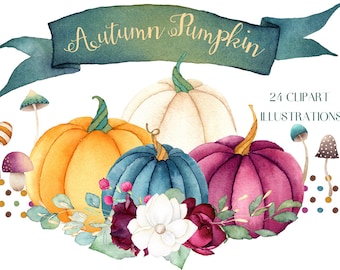 watercolor pumpkin clipart, floral pumpkins, burgundy, fall clipart, autumn PNG, fall invitation, thanksgiving clipart, halloween, modern