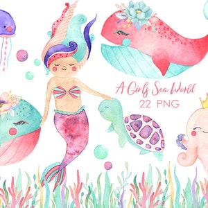 Mermaid clipart, Watercolor Clipart, Whale, Jellyfish, Turtle, Sea Creatures, Watercolor Ocean, Hand Painted, Pink, Underwater, Babygirl