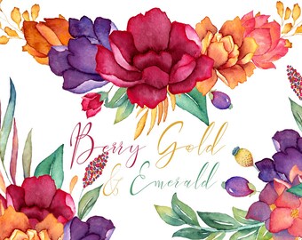 burgundy floral clipart, red floral png, autumn florals, bohemian clipart, dark red watercolor flowers, marsala, watercolor burgundy, purple