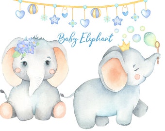 Blue Elephant Watercolor Clipart , Baby Elephant Png, Hand Painted, Instant Download, Babyshower Boy, Kids Clipart, Instant Download