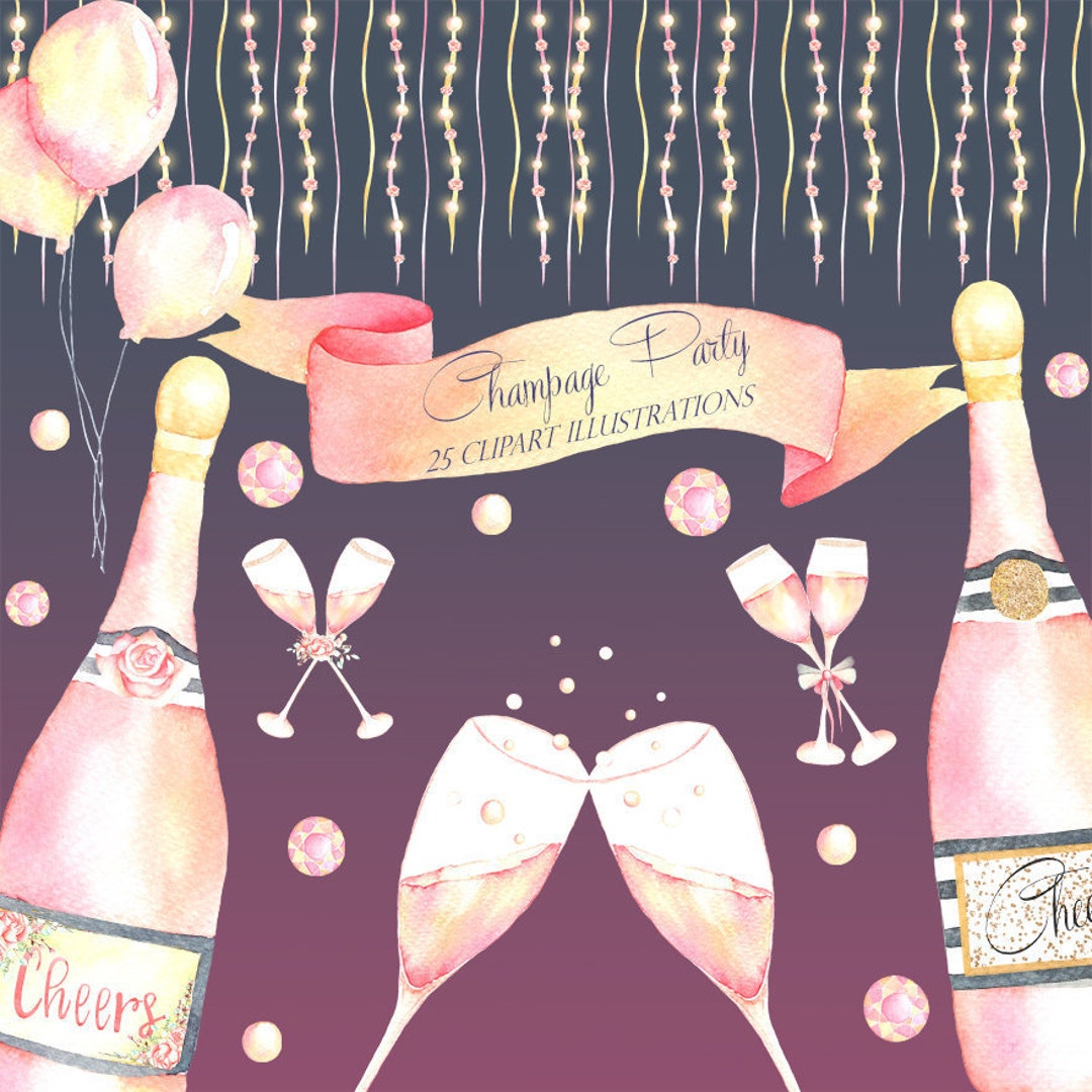 Champagne Bottle Clipart, Watercolor New Year Clipart, New Year