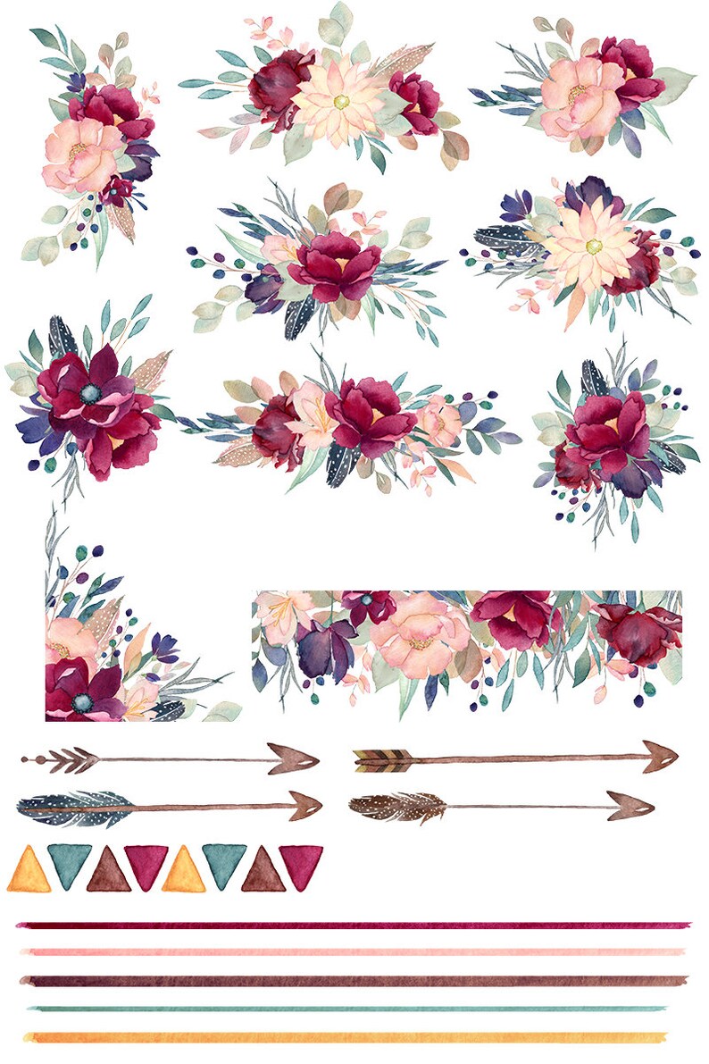 Dark Red Watercolor Floral Arrows Blush Clipart Burgundy Floral Clipart Bohemian Clipart Wedding Florals Flowers Feathers Marsala