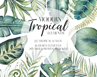 Watercolor Leaves, Tropical Clipart, Tropical Leaves, Monstera, Palm Leaves, Jungle Plants, Greenery, Safari Png, Modern Clipart, Botanical