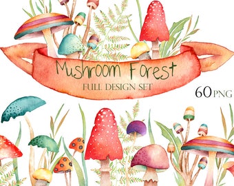 Mushroom Clipart, Watercolor Clipart, Fall Png, Autumn, Digital Download, Forest Clipart, Woodland Png, Fall Frames, Floral Autumn Clipart