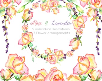 watercolor floral wedding clipart, Floral arrangements, watercolor roses, lavender clipart, lavender illustration, pink rose drawings, soft