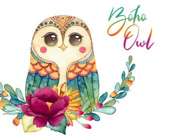 Uggla Clipart, Skogsdjur, Boho Clipart, Akvarell Clipart, Akvarell Uggla, Blommiga Djur Clipart, Direkt Nedladdning, Uggla, Djurungar