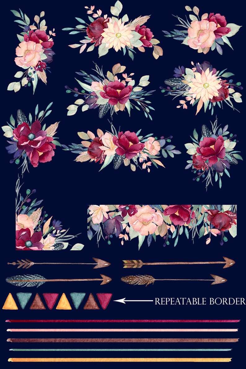 Dark Red Watercolor Floral Arrows Blush Clipart Burgundy Floral Clipart Bohemian Clipart Wedding Florals Flowers Feathers Marsala