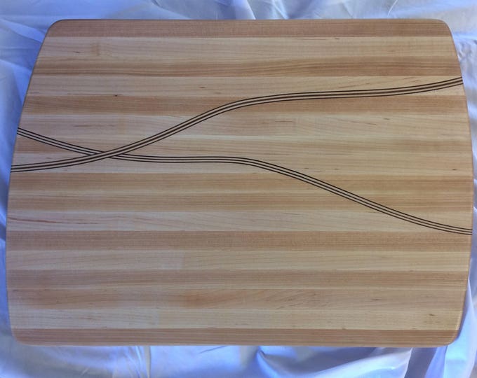 Handcrafted Hard Maple Cutting Board with Extra Wide Maple and Walnut Through Thickness Inlays