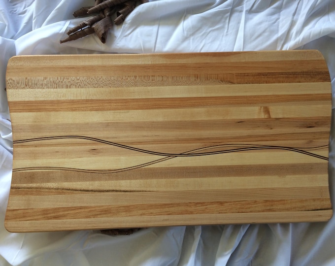Handcrafted Artisan Hard Maple and Walnut Cutting Board with Intertwining Through Thickness Inlays
