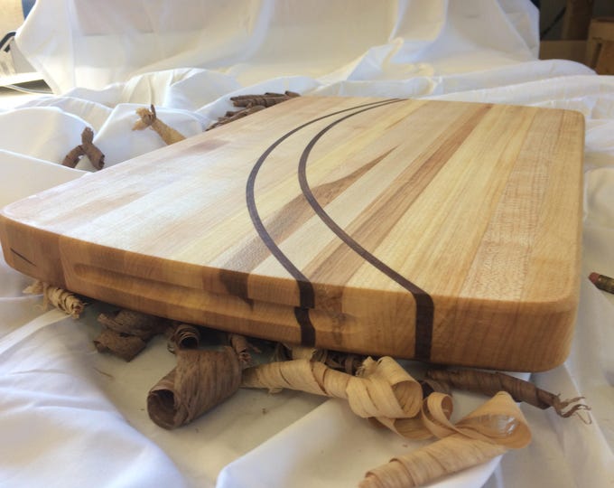 Handcrafted Artisan Hard Maple Cutting Board with Sweeping Arched Walnut Through Thickness Inlays