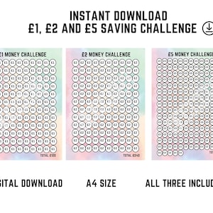 May include: Three printable A4 size money saving challenge charts. The charts are designed to help you save £1, £2, and £5. Each chart has a colourful background and a grid of circles with the amount to save written inside each circle. The total amount to save is listed at the bottom of each chart.