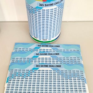 K&ouml;nnte beinhalten: Eine blaue und wei&szlig;e zylindrische Spardose mit einem Schlitz oben. Die Spardose hat eine Tabelle auf der Seite mit dem Text "365 Saving Challenge" und Zahlen von 0,01 bis 3,65. Es gibt drei weitere Bl&auml;tter Papier mit der gleichen Tabelle und dem gleichen Text.