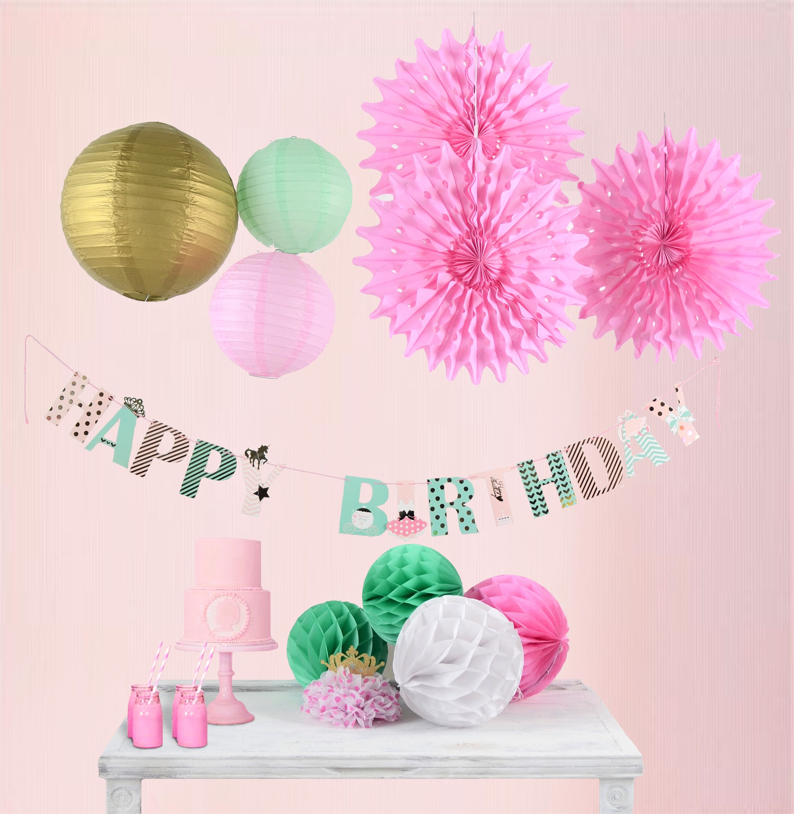 SUNBEAUTY Birthday Party Decoration Happy Birthday Bunting Banner Paper Pom Poms Hanging Swirls for Girls Birthday Party Supplies pink