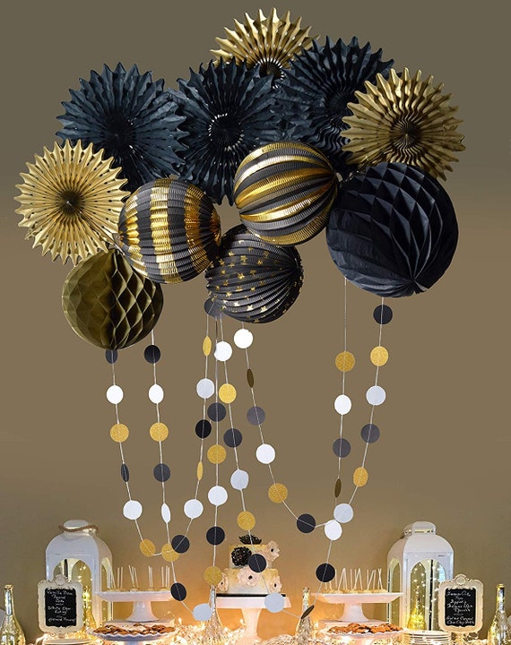 Black Gold Pinwheel Fan Lantern Honeycomb Ball Party Etsy