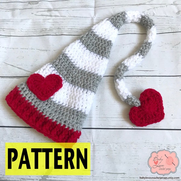 PATTERN ONLY Valentines Day Heart Love Infant Newborn Baby Long Tail Beanie Hat Crochet Photography Photo Prop