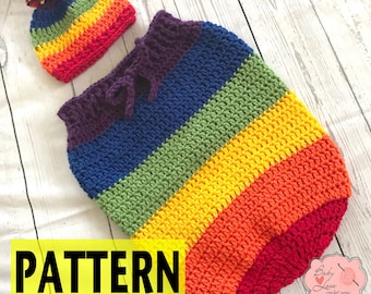 MOTIF SEULEMENT Rainbow Baby Infant Nouveau-né Bébé Outfit Beanie Hat Pom Pom Cocoon Sack Bundle Coloré Crochet Photographie Photo Prop