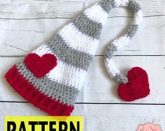 PATTERN ONLY Valentines Day Heart Love Infant Newborn Baby Long Tail Beanie Hat Crochet Photography Photo Prop